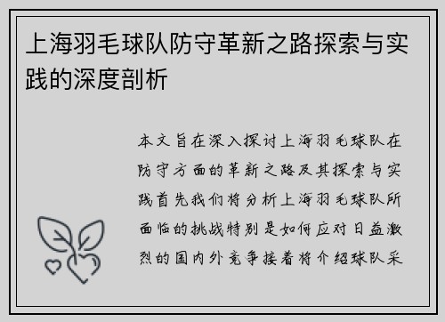 上海羽毛球队防守革新之路探索与实践的深度剖析