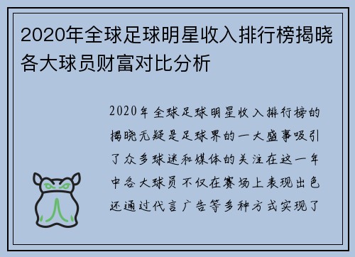 2020年全球足球明星收入排行榜揭晓各大球员财富对比分析